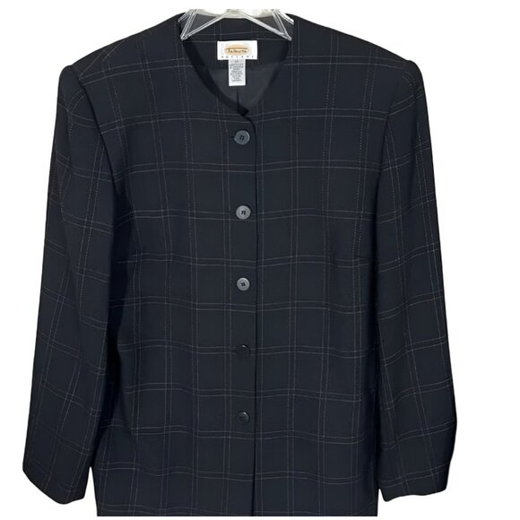 Talbots Classic Midnight Navy Black White Windowpane Check Plaid Wool Blazer 12 - Picture 2 of 4